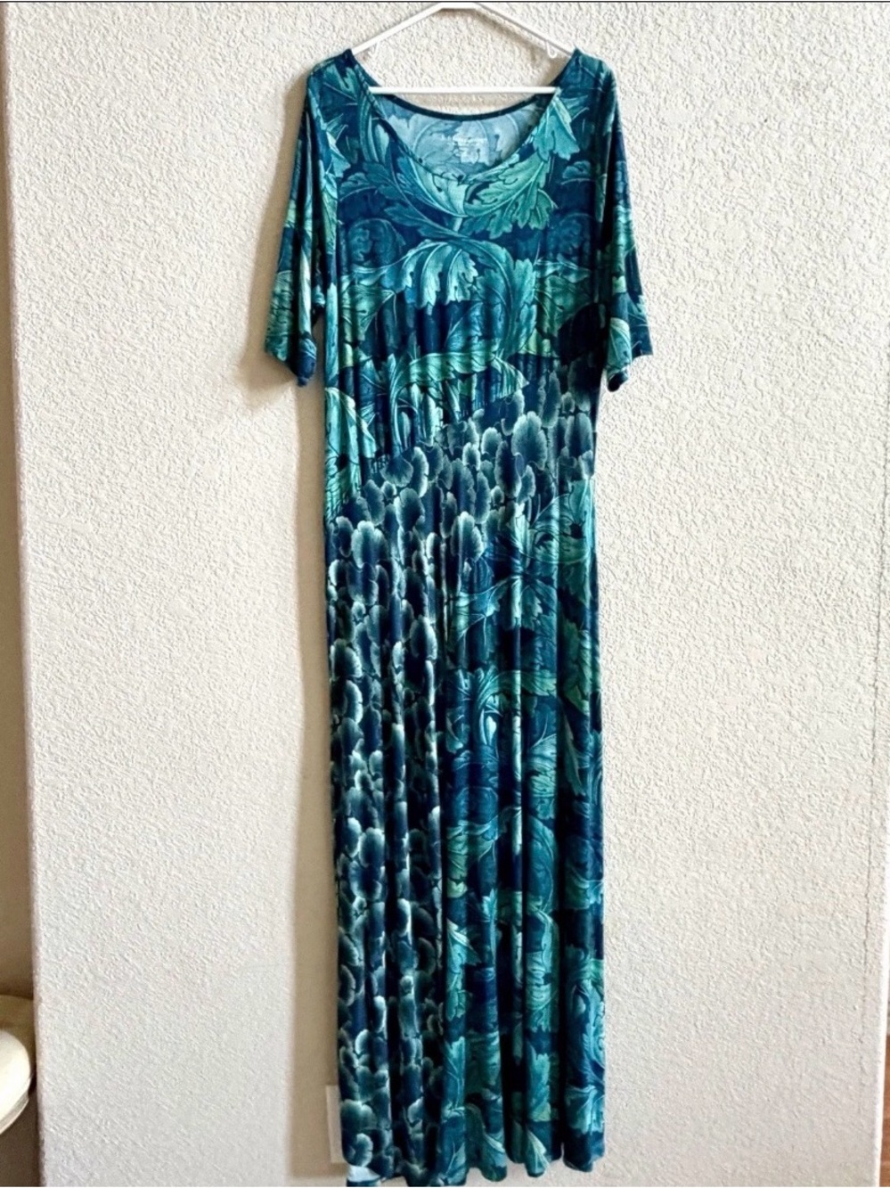 SOFT SURROUNDINGS SIZE L SANTIAGO SHORT SLEEVE MAXI DRESS TEAL GREEN PLANT LADY